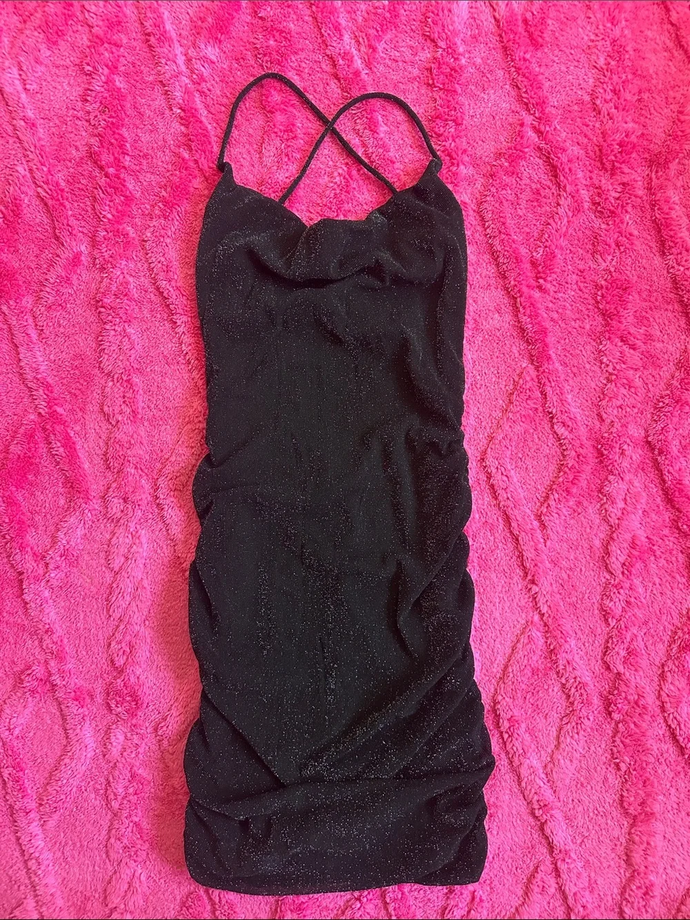 Black Sparkle Cowl Neck rucched Dress